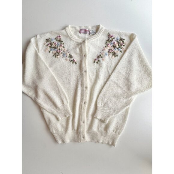 Vintage 00's FUNCTIONALS Ivory Boucle Knit Floral Embroidered Cardigan, Size 36 - Picture 5 of 14